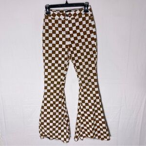 Forever 21 Cream Brown Checker Print High Rise Flare Bell Bottom Jeans XS/24